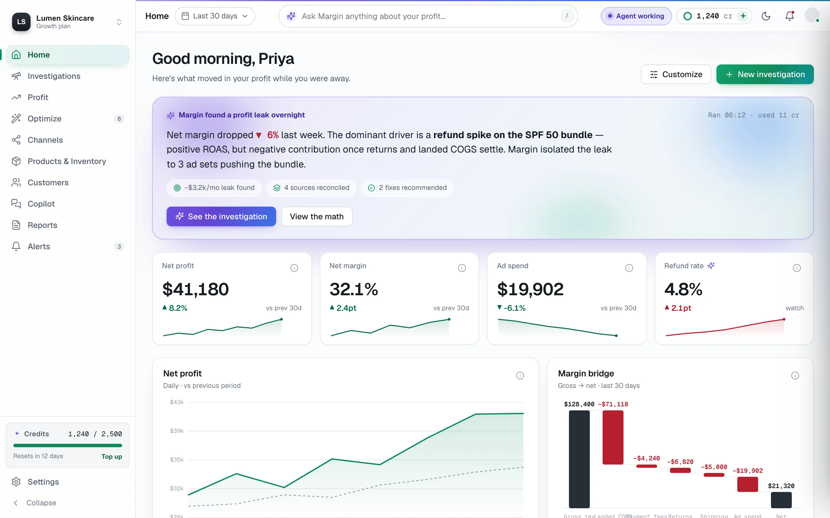 margininfo profit dashboard, KPI strip, sparkline trends, contribution-margin bridge