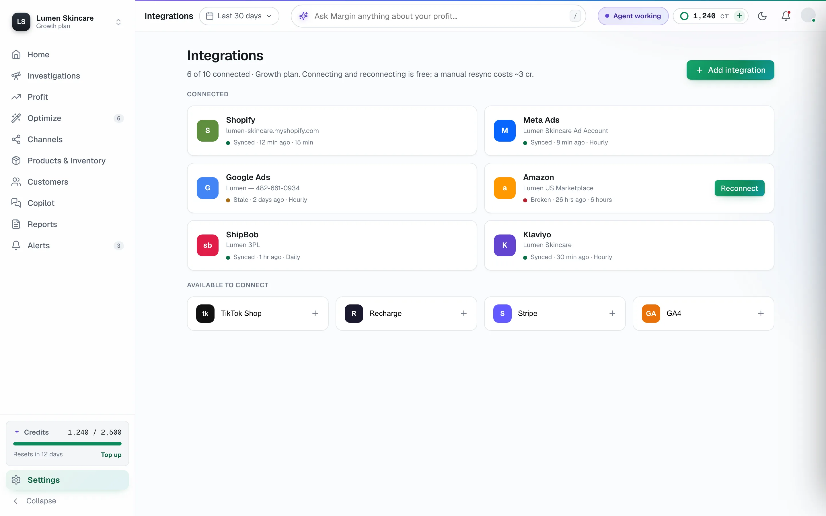 margininfo integrations directory, connected sources with read-only badges