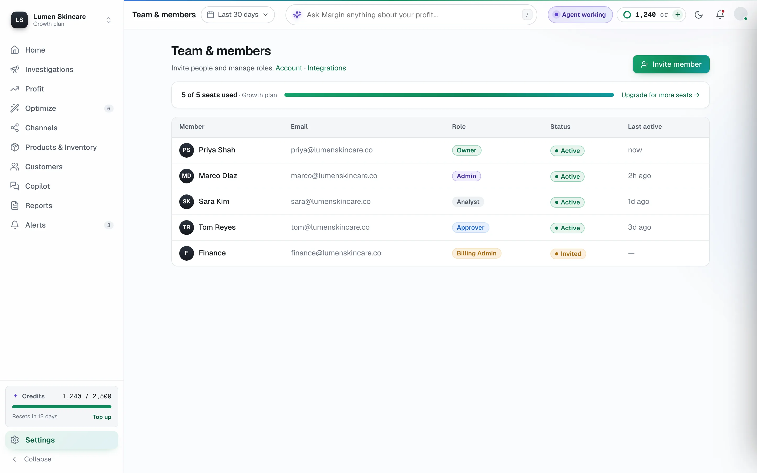 Workspace team management, roles for Owner, Admin, Analyst, Approver and Billing Admin with seat usage and per-member status.